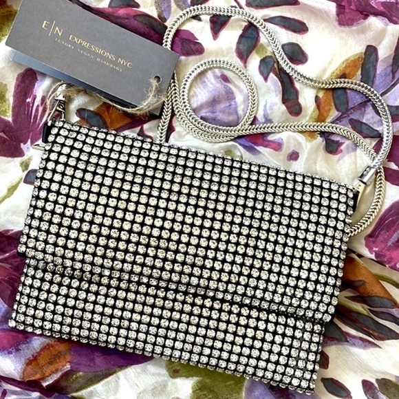 Brand New Expressions NYC Rhinestone Foldover Clutch Crossbody Purse Sparkly - Picture 1 of 14